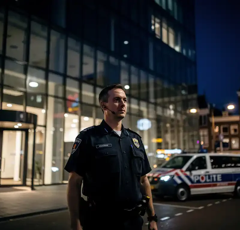 Beveiliger in uniform bij de glazen ingang van een modern kantoorgebouw in een Nederlandse stad, zichtbaar oorstukje, bewakingsvoertuig op achtergrond.