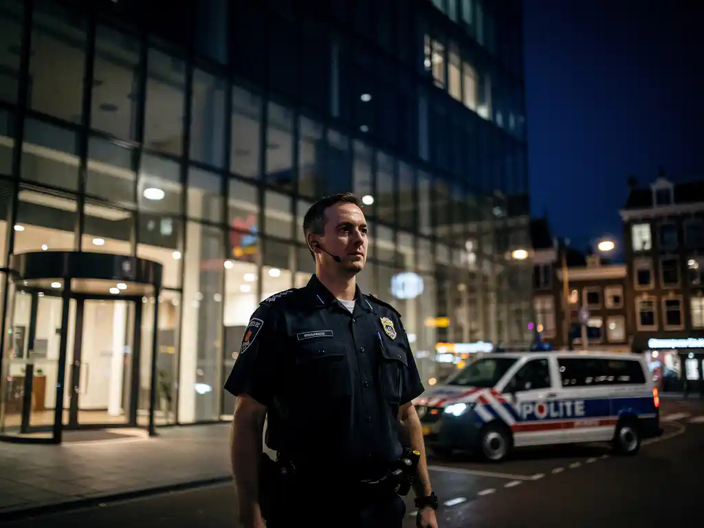 Beveiliger in uniform bij de glazen ingang van een modern kantoorgebouw in een Nederlandse stad, zichtbaar oorstukje, bewakingsvoertuig op achtergrond.