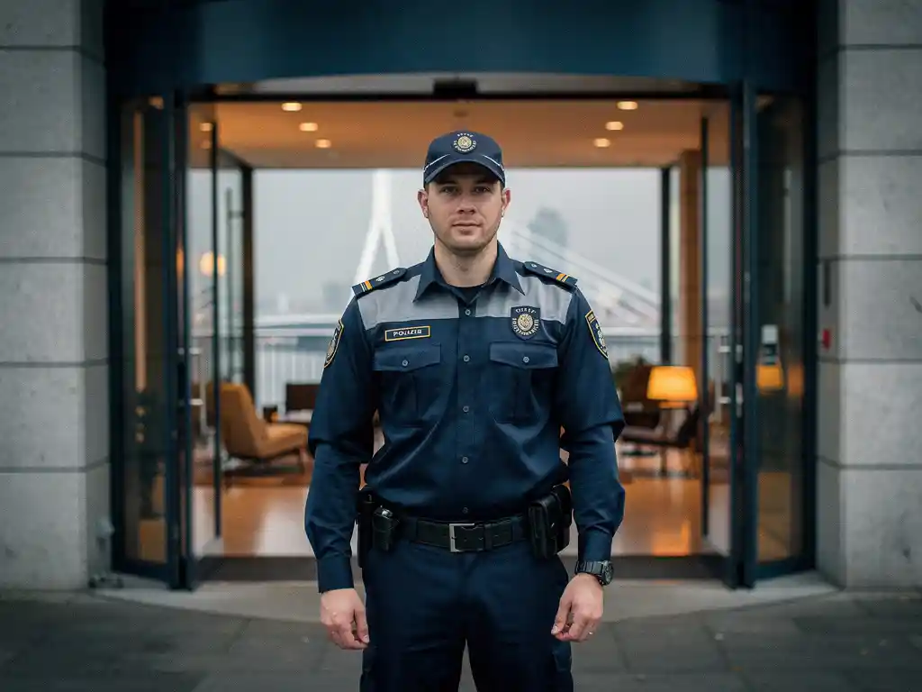 Beveiliger in uniform bij ingang van modern Rotterdams kantoorgebouw, Erasmusbrug zichtbaar in mistige achtergrond.