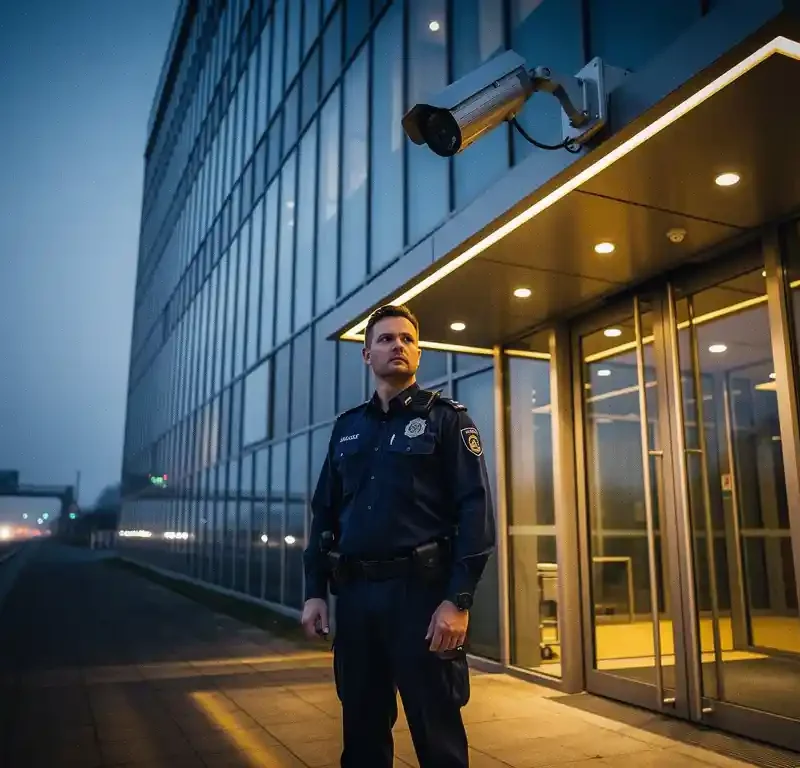 Beveiliger in uniform bij ingang van glazen kantoorgebouw in schemerlicht, bewakingscamera boven hem, Nederlandse snelweg op achtergrond.