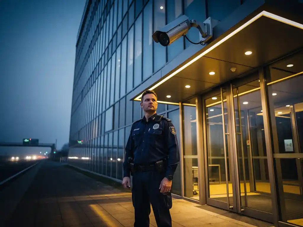 Beveiliger in uniform bij ingang van glazen kantoorgebouw in schemerlicht, bewakingscamera boven hem, Nederlandse snelweg op achtergrond.