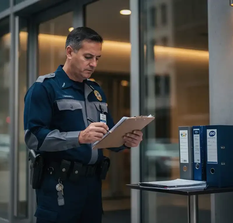 Beveiligingsmedewerker in uniform controleert klembord bij ingang modern gebouw, ISO-certificeringsmap zichtbaar op de achtergrond.