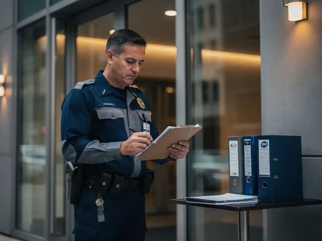 Beveiligingsmedewerker in uniform controleert klembord bij ingang modern gebouw, ISO-certificeringsmap zichtbaar op de achtergrond.
