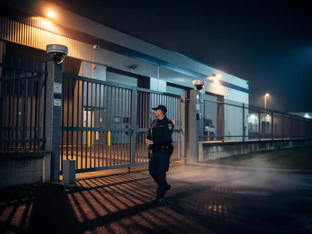 Beveiliger in uniform patrouilleert 's nachts bij een industrieel pand met stalen poort, CCTV-camera's en mistsfeer.