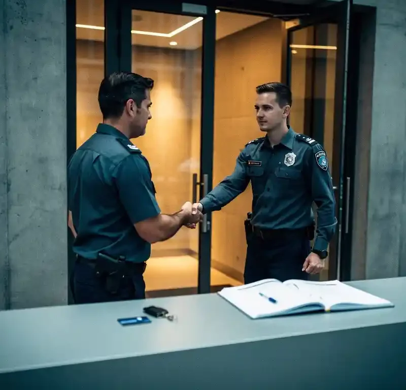 Twee beveiligingsbeambten in uniform tijdens een wisseling bij een commerciële gebouwingang, toegangspas en logboek op nabijgelegen bureau.