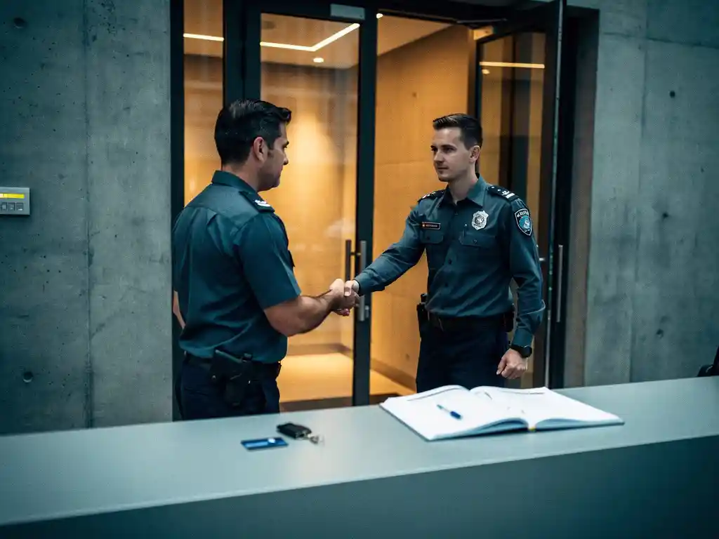 Twee beveiligingsbeambten in uniform tijdens een wisseling bij een commerciële gebouwingang, toegangspas en logboek op nabijgelegen bureau.
