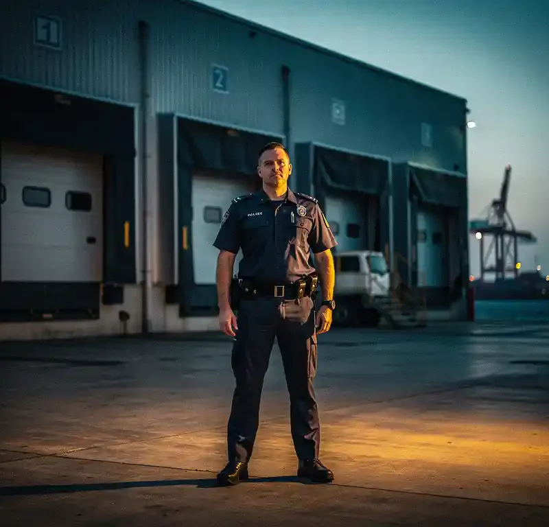 Beveiligingsbewaker in uniform bij ingang van Rotterdams magazijn bij schemering, met havenkranen aan de horizon.