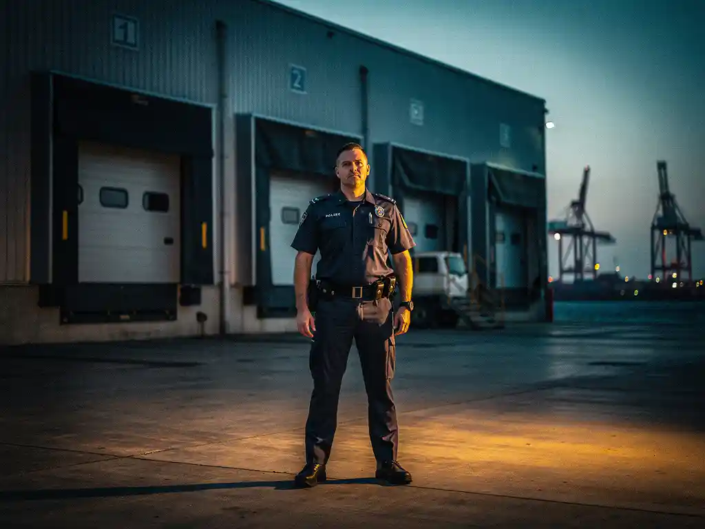 Beveiligingsbewaker in uniform bij ingang van Rotterdams magazijn bij schemering, met havenkranen aan de horizon.