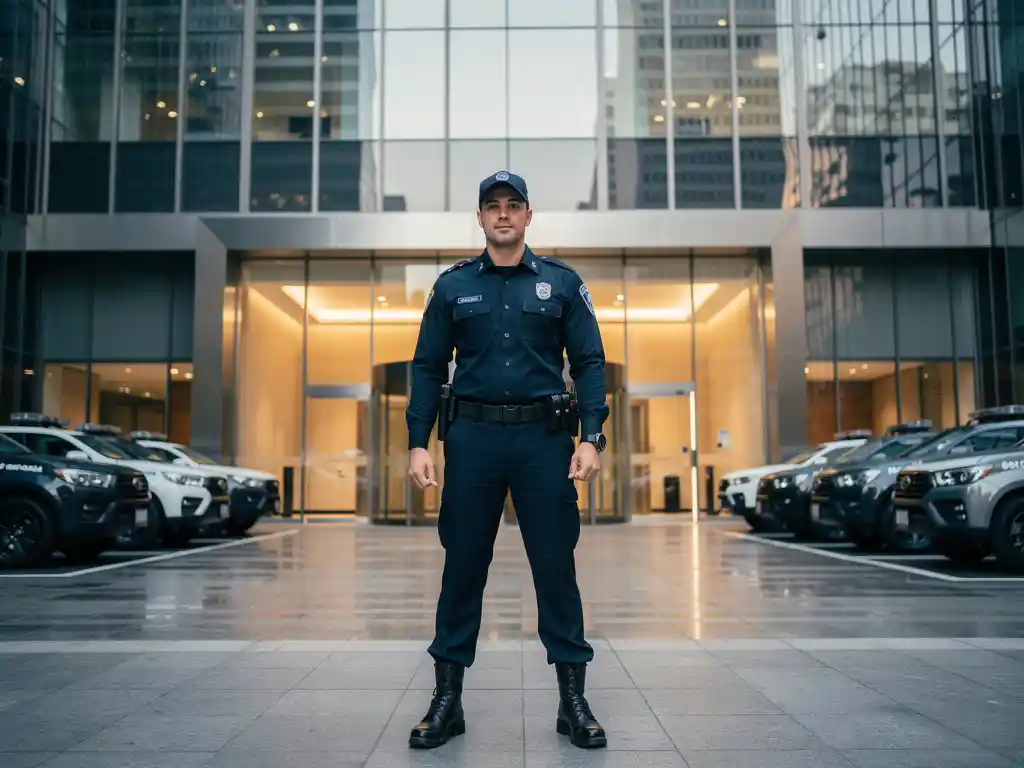 Beveiliger in uniform bij ingang van modern kantoorgebouw, bewakingsvoertuigen zichtbaar op parkeerplaats op de achtergrond.