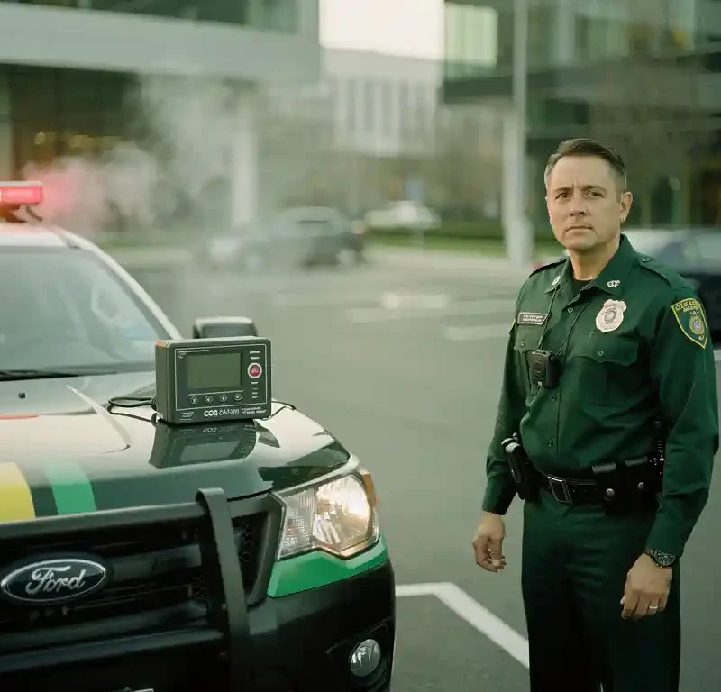 Beveiligingsmedewerker in uniform naast een patrouillewagen op een bedrijfsparkeerplaats, met een CO2-meter op de motorkap.