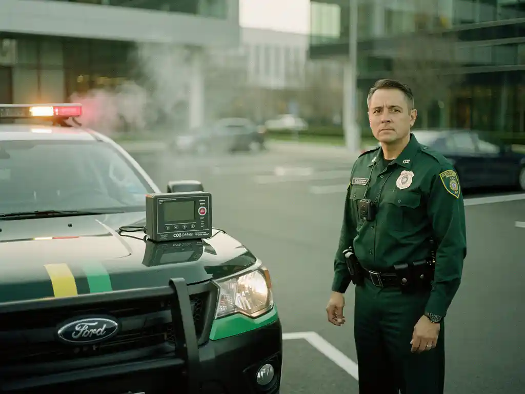 Beveiligingsmedewerker in uniform naast een patrouillewagen op een bedrijfsparkeerplaats, met een CO2-meter op de motorkap.