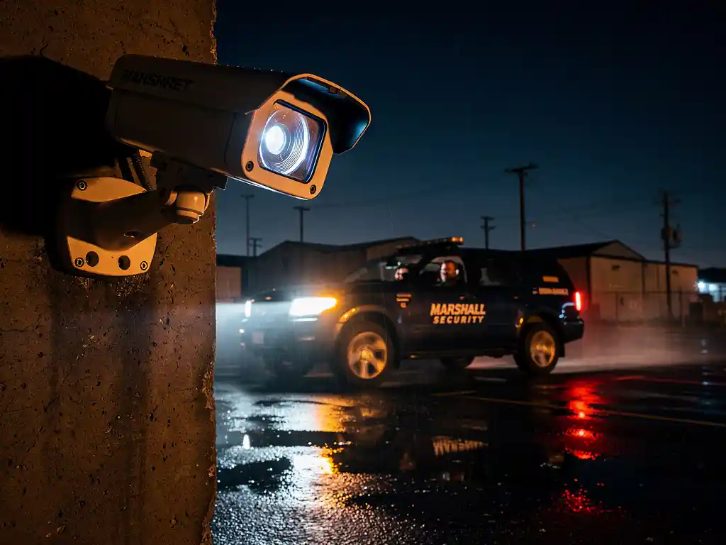 Bewakingsvoertuig rijdt snel door verlicht industrieel parkeerterrein 's nachts, met bewakingscamera op betonnen muur op voorgrond.