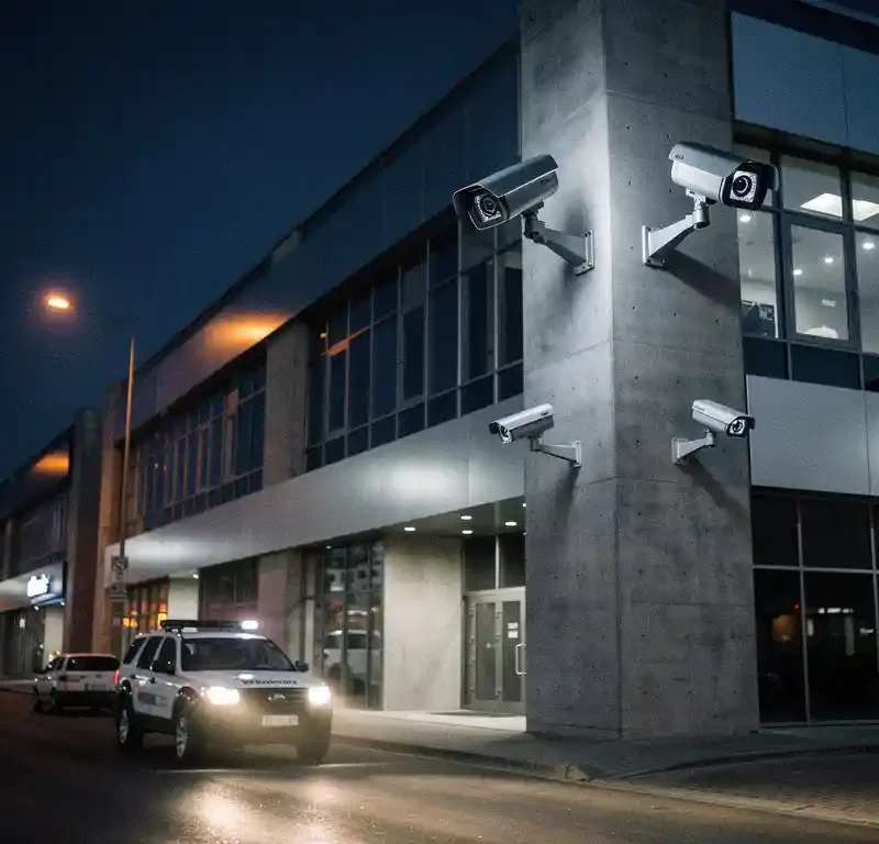 Beveiligingscamera's op industrieel gebouw bij schemering, met bewakingsvoertuig op straat en warme straatverlichting.
