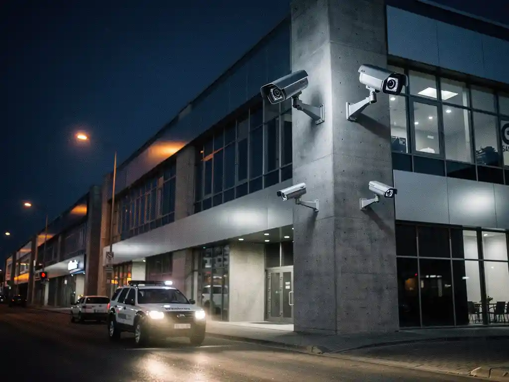 Beveiligingscamera's op industrieel gebouw bij schemering, met bewakingsvoertuig op straat en warme straatverlichting.
