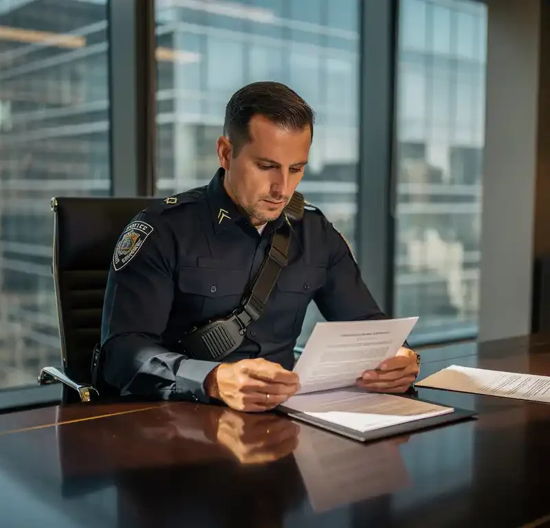 Beveiligingsmedewerker in uniform bestudeert maatwerkcontract aan conferentietafel, modern kantoorgebouw zichtbaar op achtergrond.