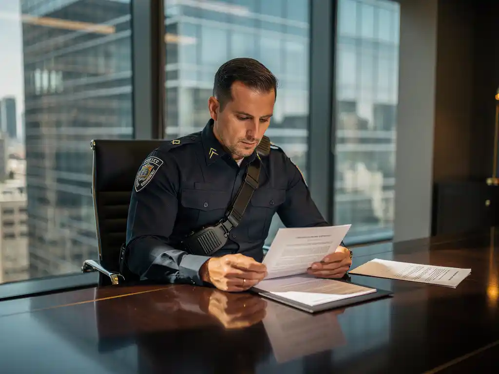 Beveiligingsmedewerker in uniform bestudeert maatwerkcontract aan conferentietafel, modern kantoorgebouw zichtbaar op achtergrond.