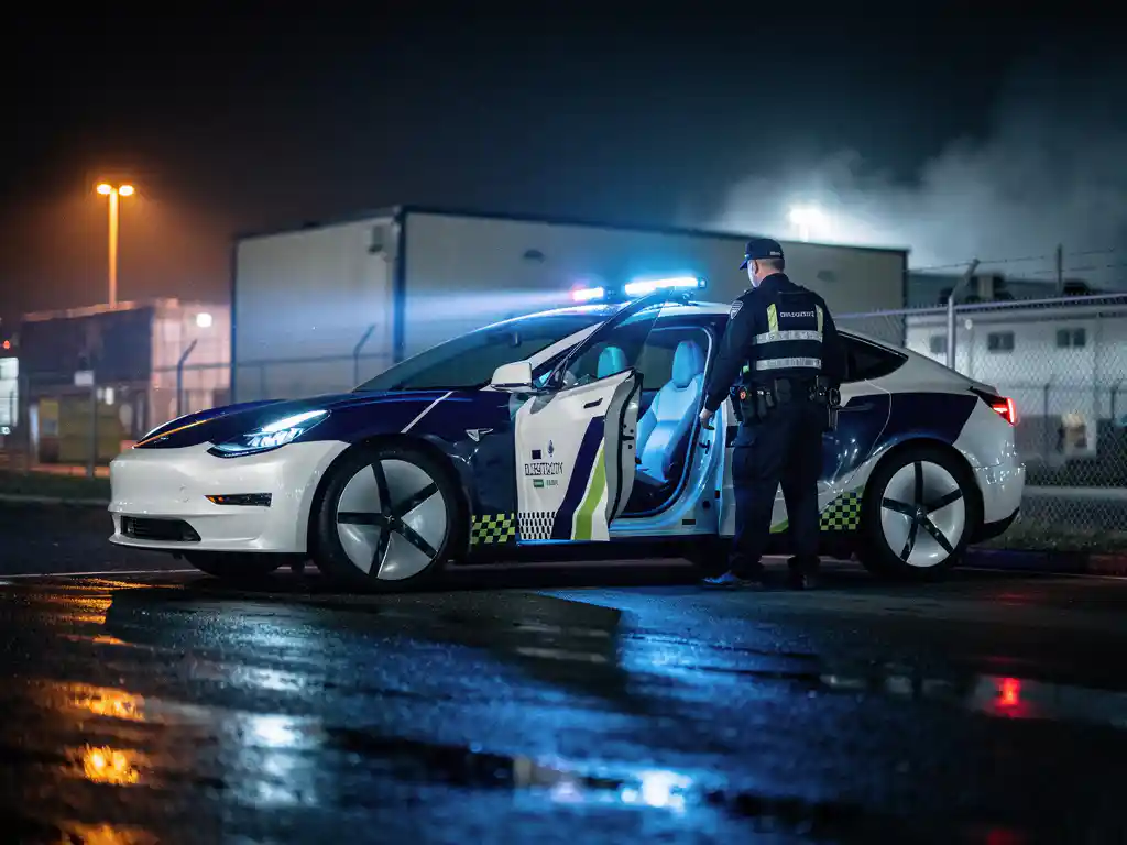 Beveiligingsmedewerker stapt uit elektrisch surveillancevoertuig met LED-lichtbalk op nat industrieterrein 's nachts.