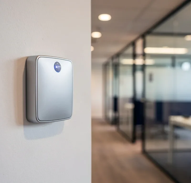 Bewegingssensor alarmpaneel op witte wand in modern Nederlands kantoor met glazen werkruimtes op de achtergrond.