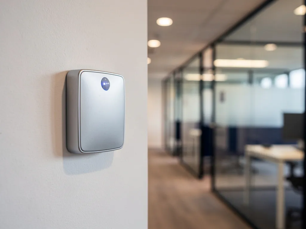 Bewegingssensor alarmpaneel op witte wand in modern Nederlands kantoor met glazen werkruimtes op de achtergrond.