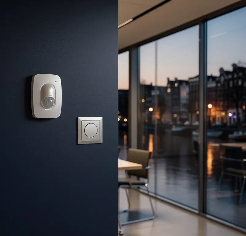 Draadloze alarmsensor op kantoorwand met bewegingsdetector, Nederlandse grachtenstad zichtbaar bij schemering door grote ramen.
