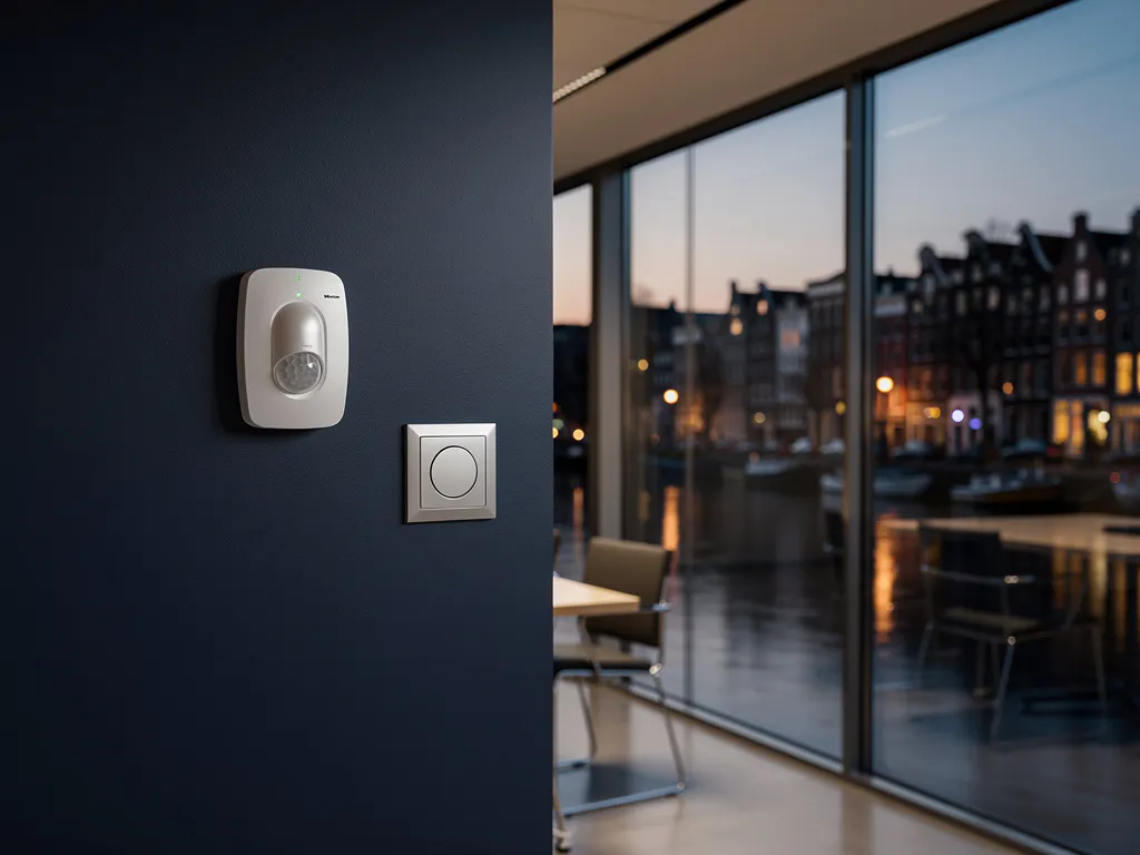 Draadloze alarmsensor op kantoorwand met bewegingsdetector, Nederlandse grachtenstad zichtbaar bij schemering door grote ramen.