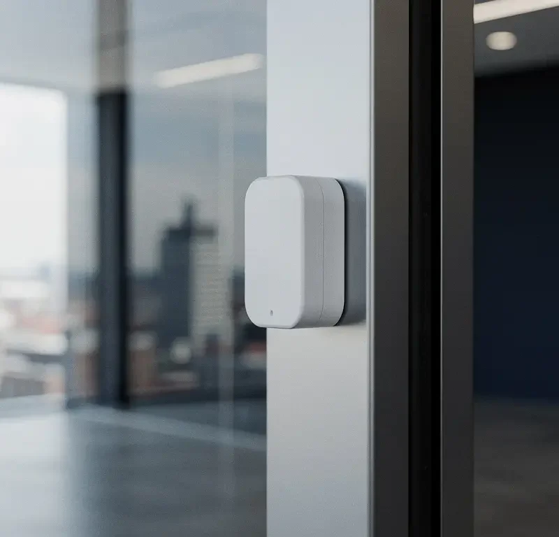 Draadloze alarmsensor op deurpost van modern kantoor met glazen wand en stadssilhouet op de achtergrond.