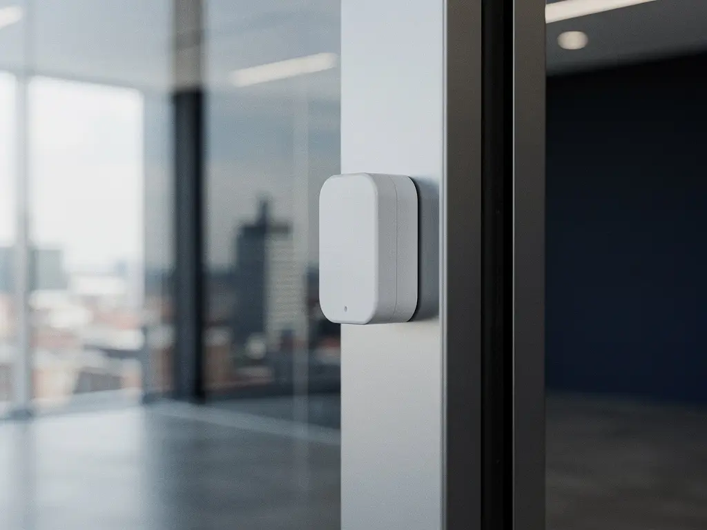 Draadloze alarmsensor op deurpost van modern kantoor met glazen wand en stadssilhouet op de achtergrond.