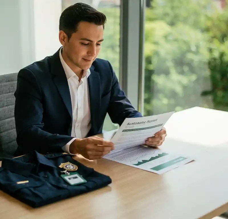 Inkoopmedewerker bestudeert duurzaamheidsrapport aan modern bureau, met beveiligingsuniform en toegangspas naast zich.