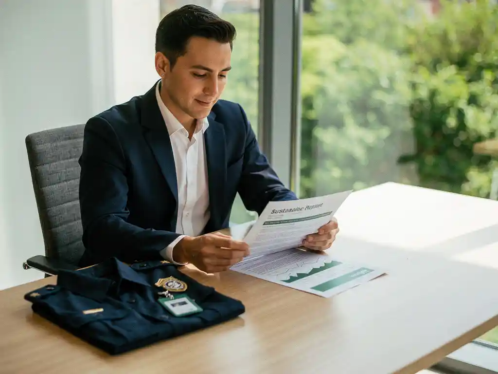 Inkoopmedewerker bestudeert duurzaamheidsrapport aan modern bureau, met beveiligingsuniform en toegangspas naast zich.
