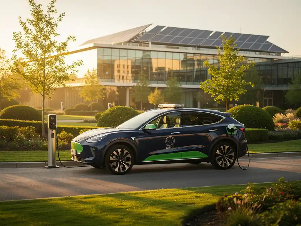 Elektrisch beveiligingsvoertuig opgeladen op bedrijfscampus bij zonsopgang, met zonnepanelen op modern kantoorgebouw op achtergrond.
