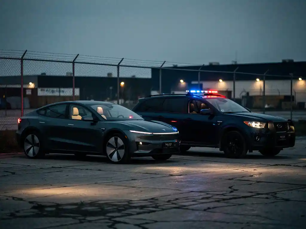 Elektrisch surveillancevoertuig naast dieselpatrouillewagen op industrieel terrein bij schemering, met oranje waarschuwingslichten.