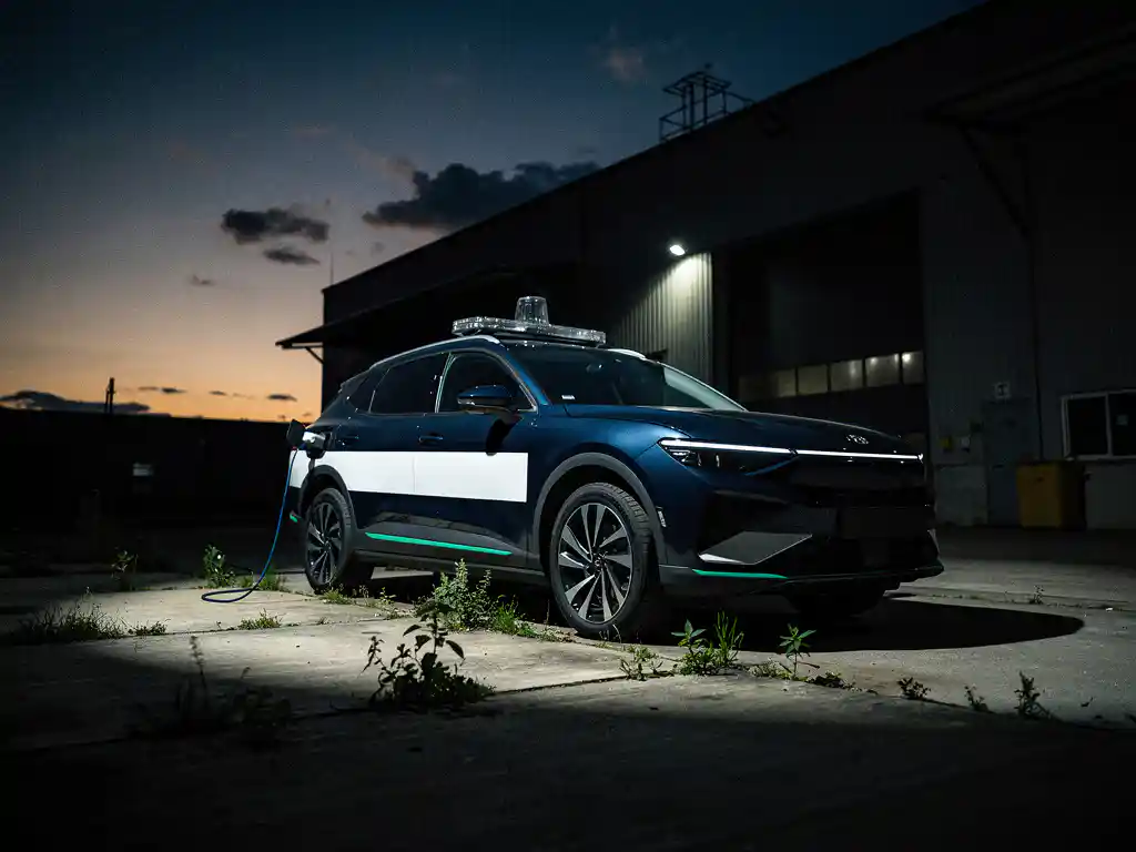 Elektrisch beveiligingsvoertuig op laadkabel bij industriële ingang, dramatisch gefotografeerd tegen schemerende lucht met amberkleurige gloed.