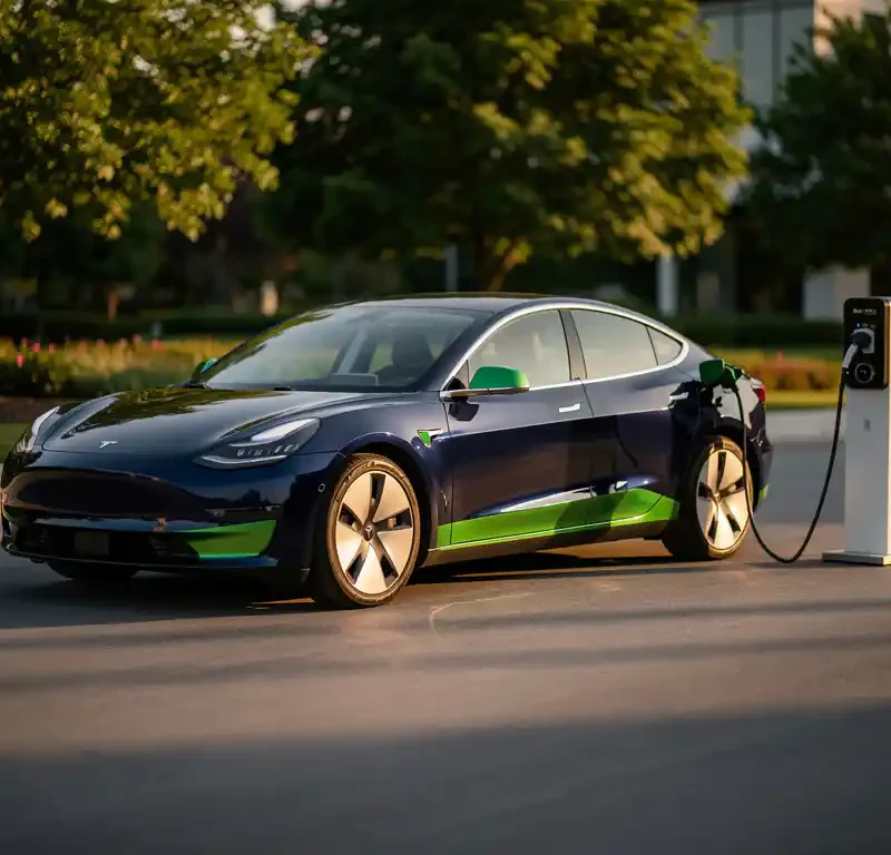 Elektrische beveiligingsauto aangesloten op laadpaal op bedrijfscampus tijdens het gouden uur, omgeven door groen.