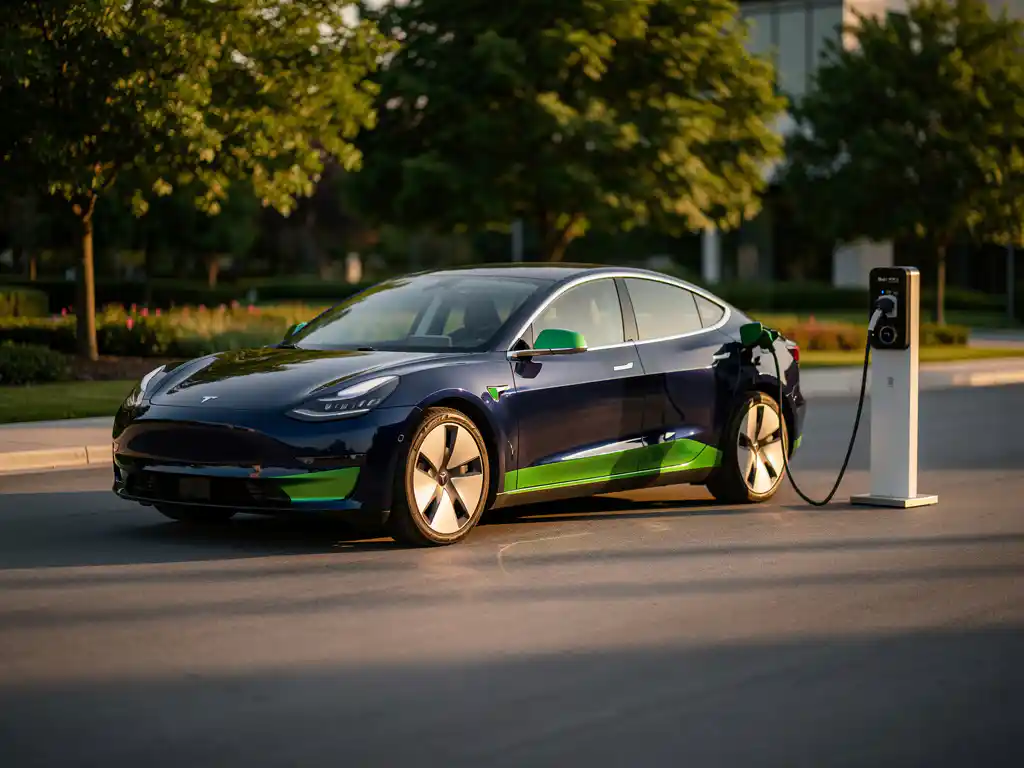 Elektrische beveiligingsauto aangesloten op laadpaal op bedrijfscampus tijdens het gouden uur, omgeven door groen.