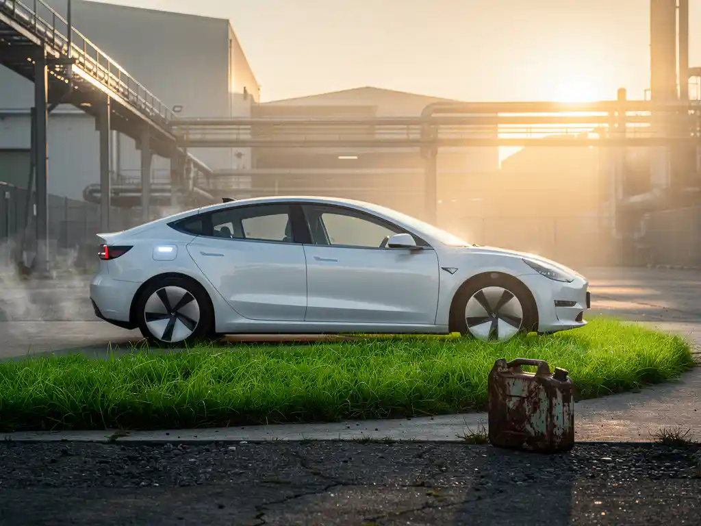 Wit elektrisch beveiligingsvoertuig geparkeerd op industrieel terrein bij zonsopgang, met roestige dieseljerrycan op de achtergrond.