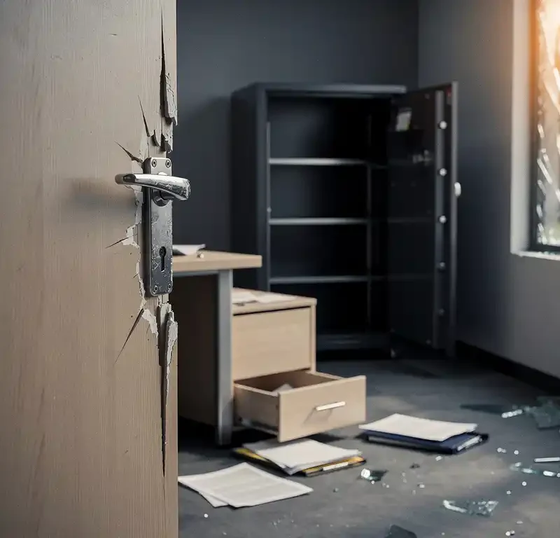 Ingebroken kantoorruimte van een mkb-bedrijf met gesprongen deurpost, verspreid papierwerk en een lege geopende kluis op de achtergrond.