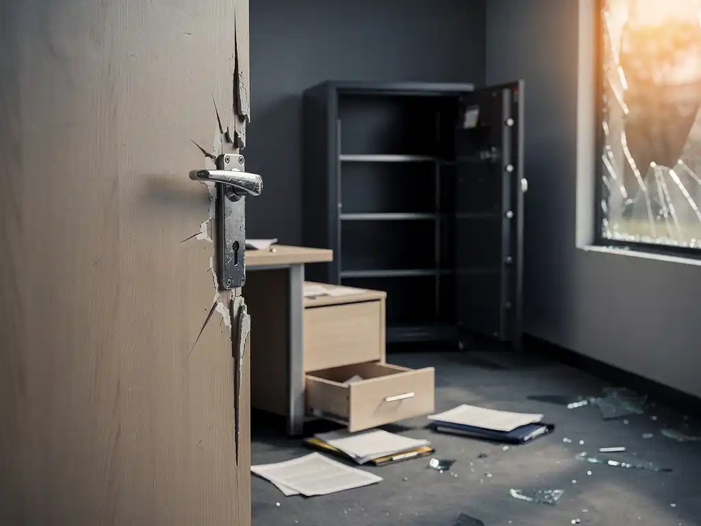 Ingebroken kantoorruimte van een mkb-bedrijf met gesprongen deurpost, verspreid papierwerk en een lege geopende kluis op de achtergrond.