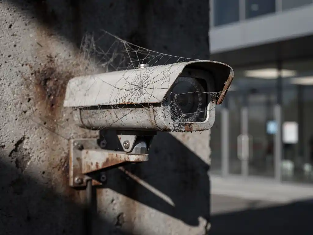 Verouderde analoge beveiligingscamera met scheuren en spinnenwebben op verweerde betonnen muur, kantoorportiek op de achtergrond.