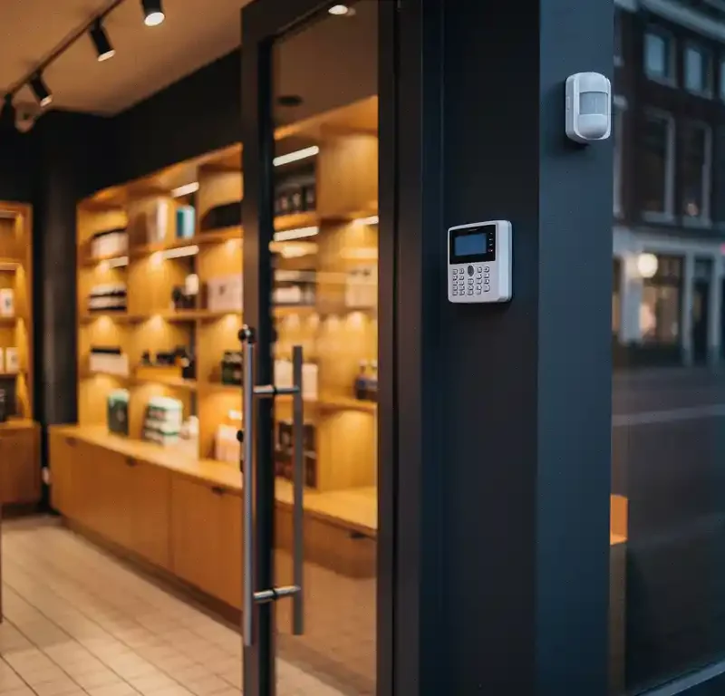 Wandgemonteerd alarmpaneel met bewegingssensoren bij de ingang van een moderne Nederlandse winkel met houten schappen en tegelvloer.