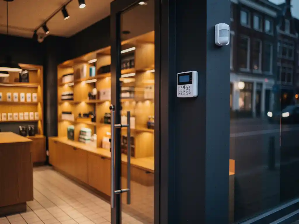 Wandgemonteerd alarmpaneel met bewegingssensoren bij de ingang van een moderne Nederlandse winkel met houten schappen en tegelvloer.