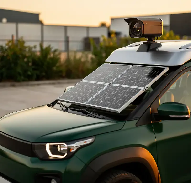 Zonne-aangedreven mobiele bewakingseenheid op elektrisch patrouilevoertuig bij industrieel terrein in het gouden uur.