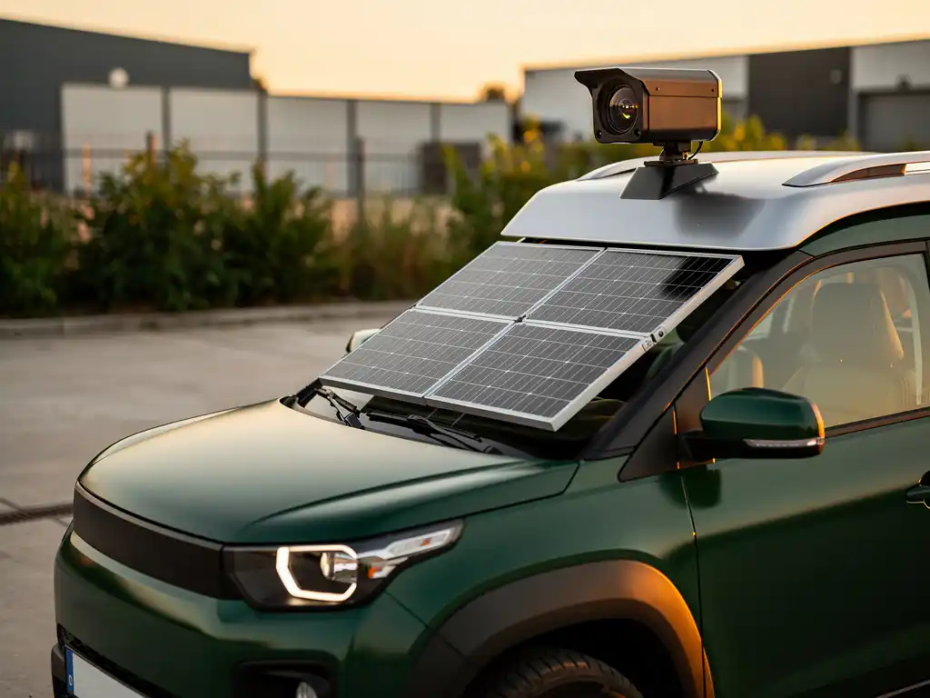 Zonne-aangedreven mobiele bewakingseenheid op elektrisch patrouilevoertuig bij industrieel terrein in het gouden uur.