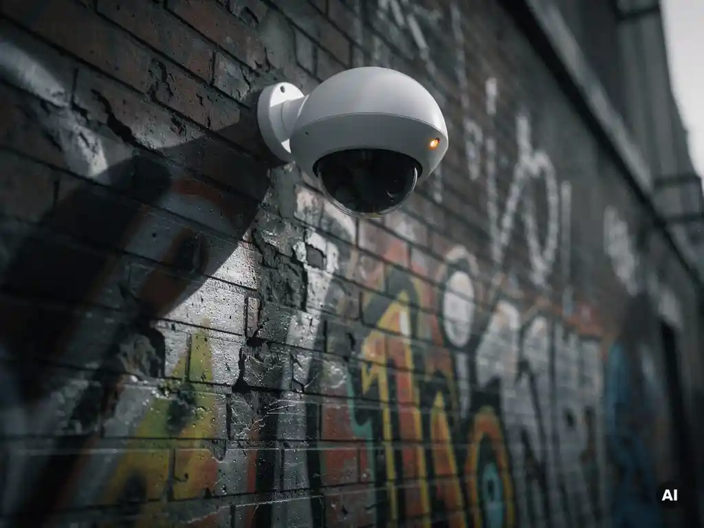 Koepelbeveiligingscamera boven graffititags op verweerde bakstenen muur, amber indicatielampje, industriële stedelijke omgeving.