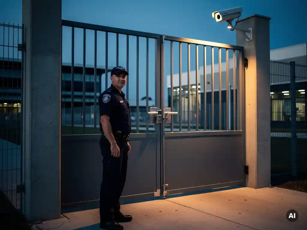 Beveiligingsbeambte in uniform bij een zwaar stalen toegangshek van een bedrijfsterrein, bewakingscamera overhead, blauwe schemering.