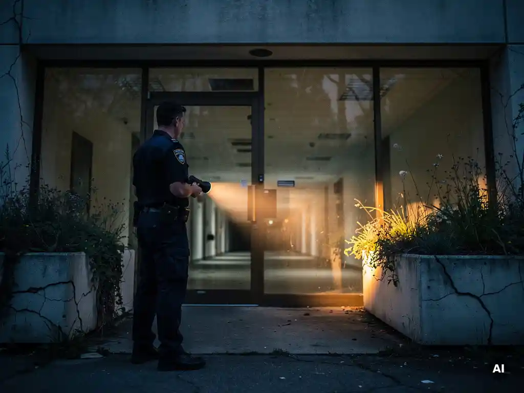 Beveiliger in donker uniform beschijnt met zaklamp de stoffige ingang van een leegstaand gebouw bij schemering.