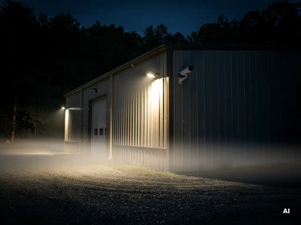 Industrieel magazijn in de schemering met beveiligingscamera en bewegingssensoren die witte lichtstralen werpen op de gravelomgeving.
